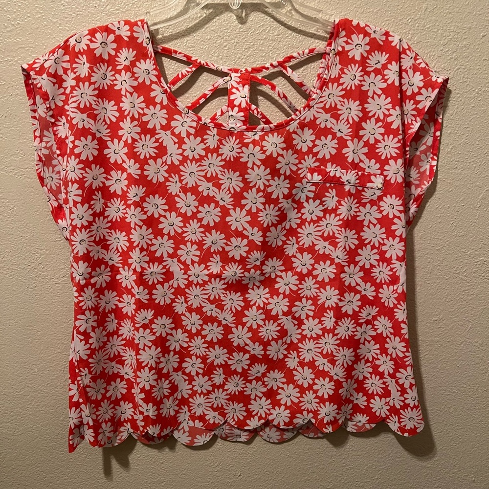 3/$15 Urban Love Red & White Sheer Floral Blouse